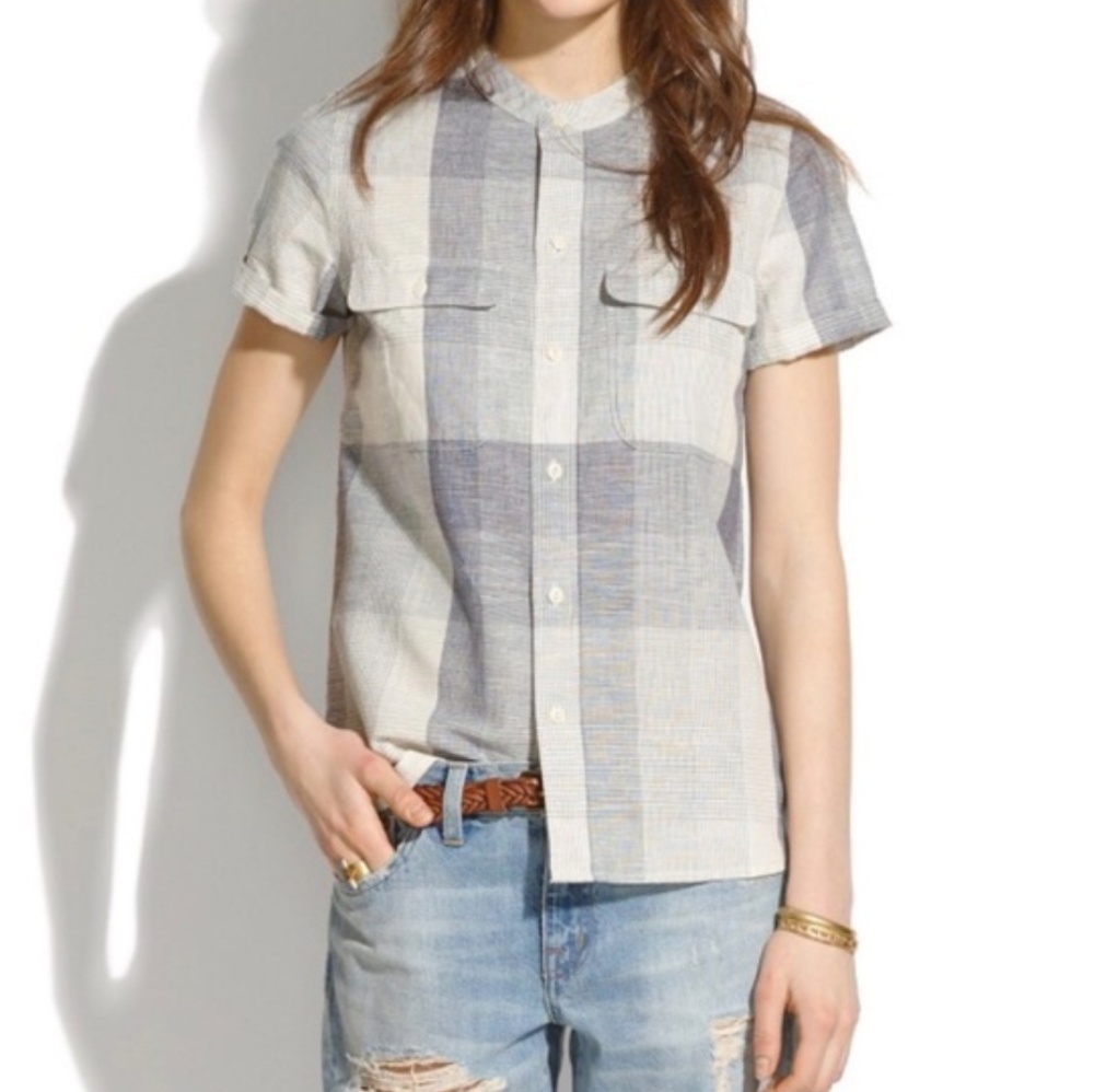 Madewell Collarless Plaid Short Sleeve Button Down